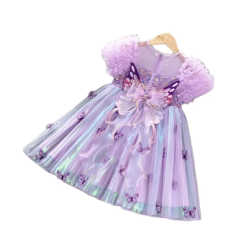 

2025 Summer New Girls Butterfly Wings Sequin Splice Dress Children Performance Dress Baby Bubble Sleeve Princess Dress