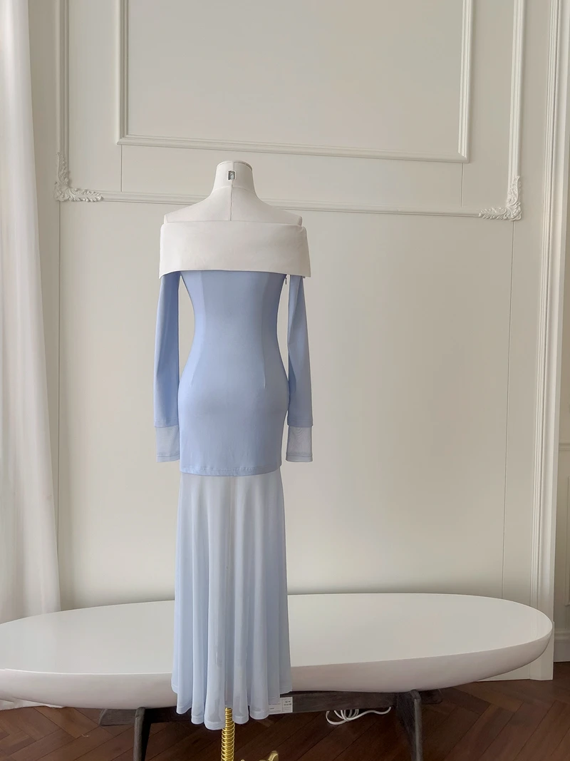 Blue Slim Fit One oulder Knitted Dr Women's Inner Wear High Waist A-Line Skirt Long Sve Zipper Closure Wedding Dr