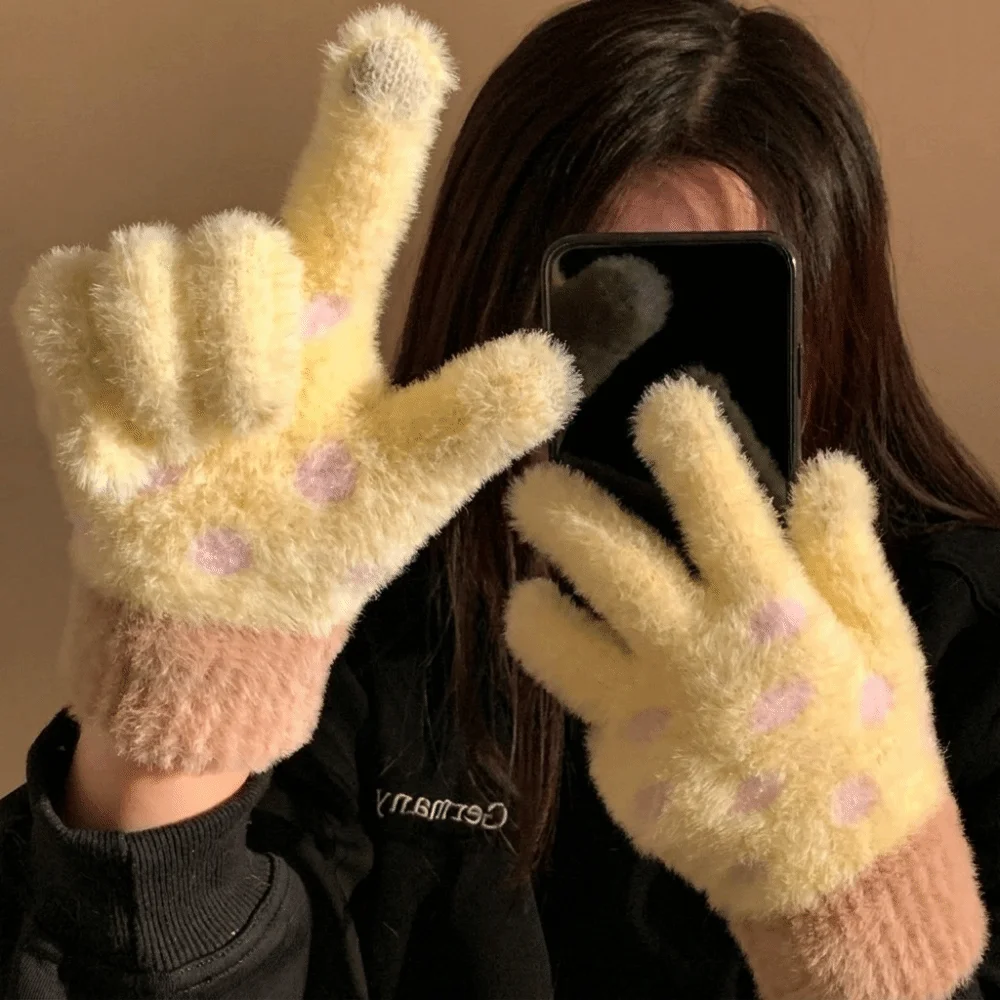 New Polka Dot Pattern Knit Gloves Lining Warm Hand Warmers Winter Gloves Thickened Furry Knitted and Lined Gloves Women
