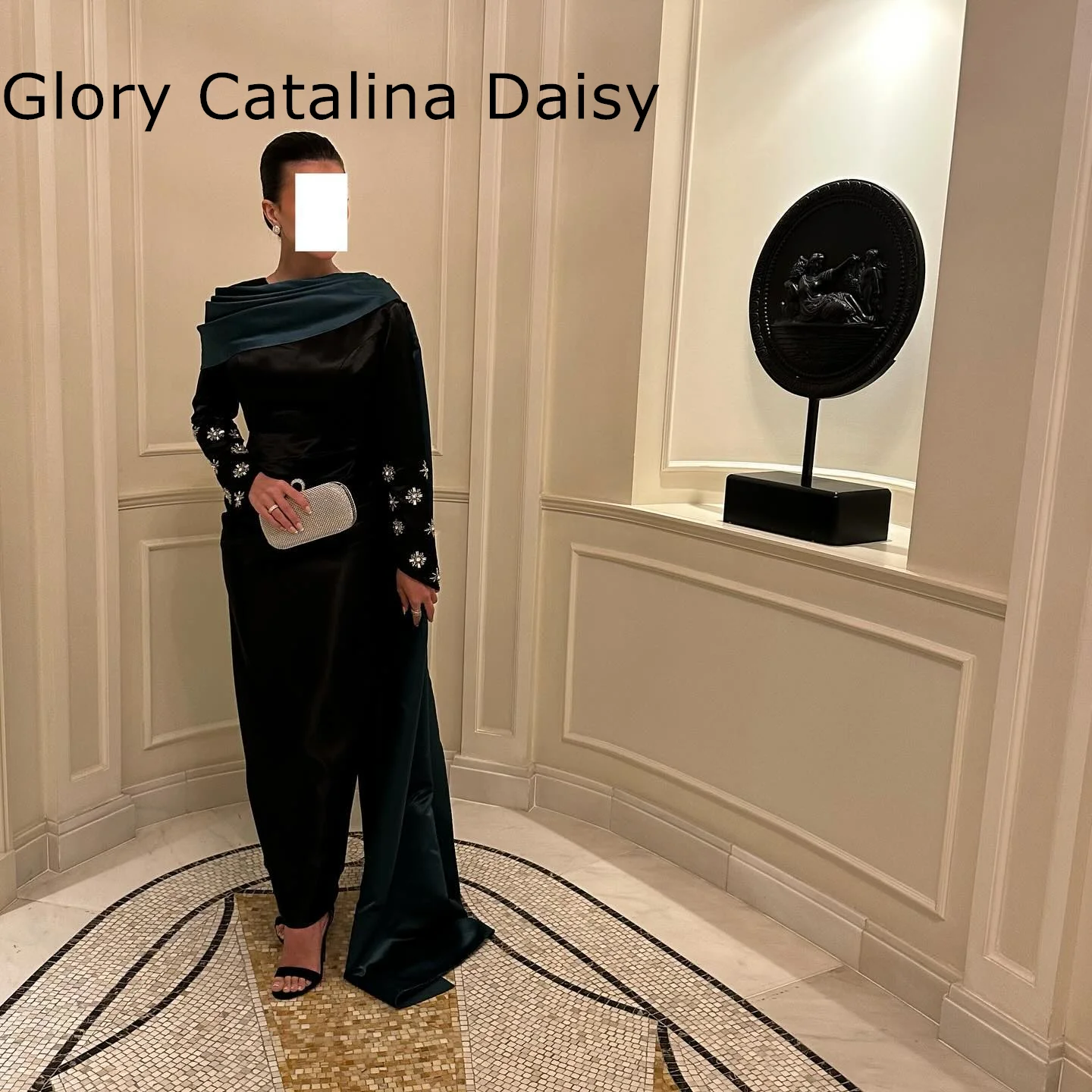 Elegant Black Prom Dresses Watteau Train Long Sleeves Evening Dress Saudi Arabia Formal Party Dress A-line Cocktail Gowns 2024