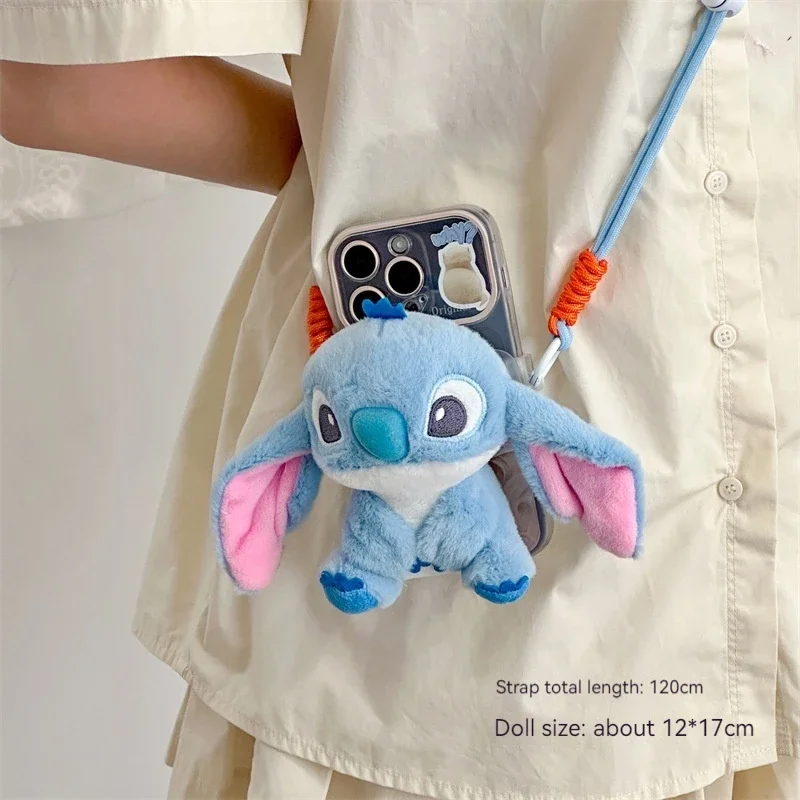 Disney Plush Mobile Phone Bracket Kawaii Stitch Retractable Bracket Back Clip Slung Chain Lanyard Convenient Anti-fall Universal