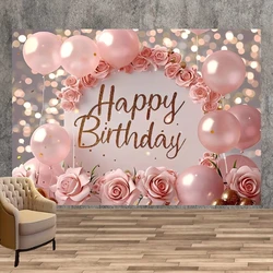 Birthday Party Background Decoration Cloth Pink Rose Balloon Banner Flash Photography Background - Birthday Party Multi Function