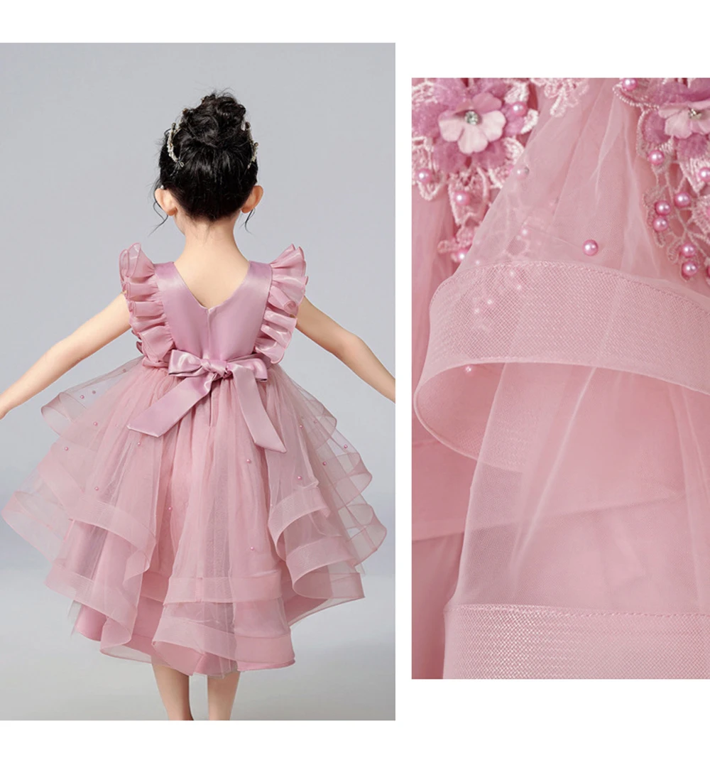 Flower Girl Dresses 4-9T Children's Flying Sleeve Tiered Assymetrical Hem Mesh Puff Princess Dress Birthday Party Dresses