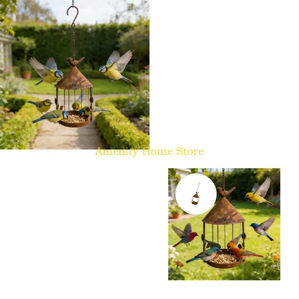 F26C Hanging Metal Bird Tray for Outdoor Garden Use, Brown Roofed Design with Top Hanger and Chain, Open Round Base for Tree