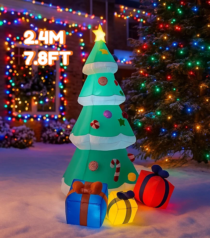 7.8FT زينة عيد الميلاد شجرة قابلة للنفخ مع صناديق الحاضر اللعب ساحة المنزل عيد الميلاد الحلي LED ديكور عيد الميلاد في الهواء الطلق