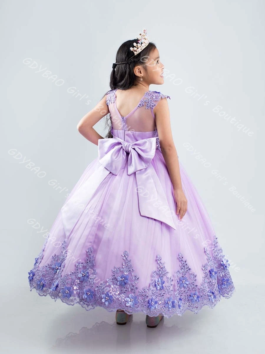 

Lavender Girls Princess Dress Beaded Appliqued Tulle Flower Girl Dress for Wedding Ankle-Length Pageant Party Ball Gown Custom