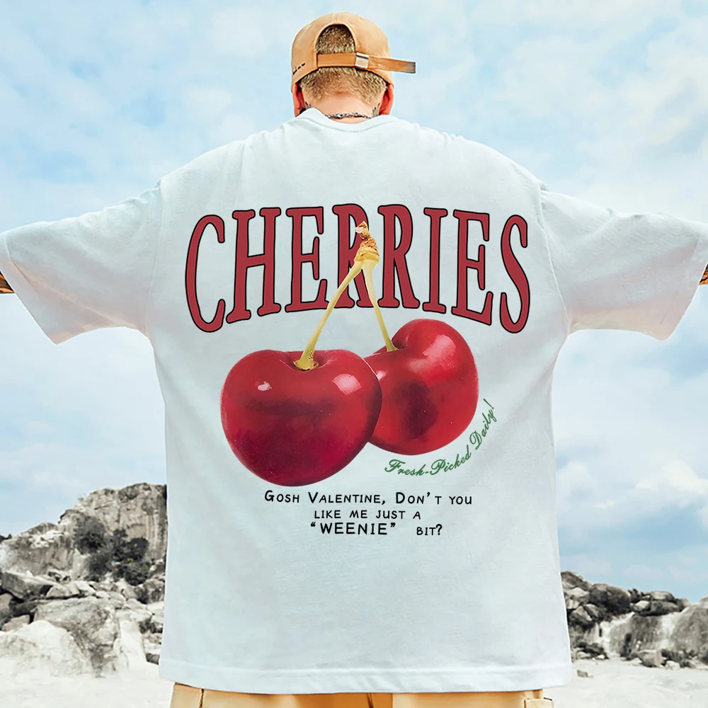 Minimalist Large Pattern Fresh Cherries Printed T Shirt Homme Chic Cotton Tshirt Design Loose T Shirts Senior Shoulder Drop Tops