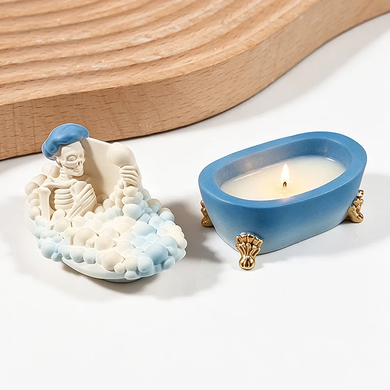 Human Skeleton Ghost Bathtub Storage Box Silicone Mold DIY Halloween Decor Candle Cup Jar And Lid Casting Plaster Resin Mold - view 4