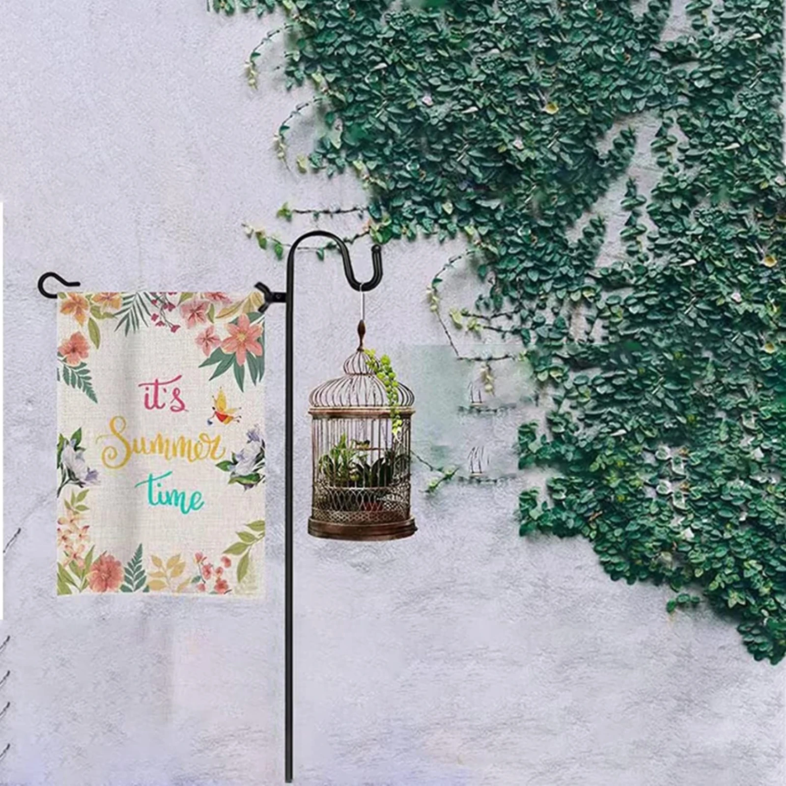 Shepherds Hook with Side Arm Heavy Duty Garden Flag Stand Garden Flag Holder Rustproof Hanging Basket Stand Outdoor