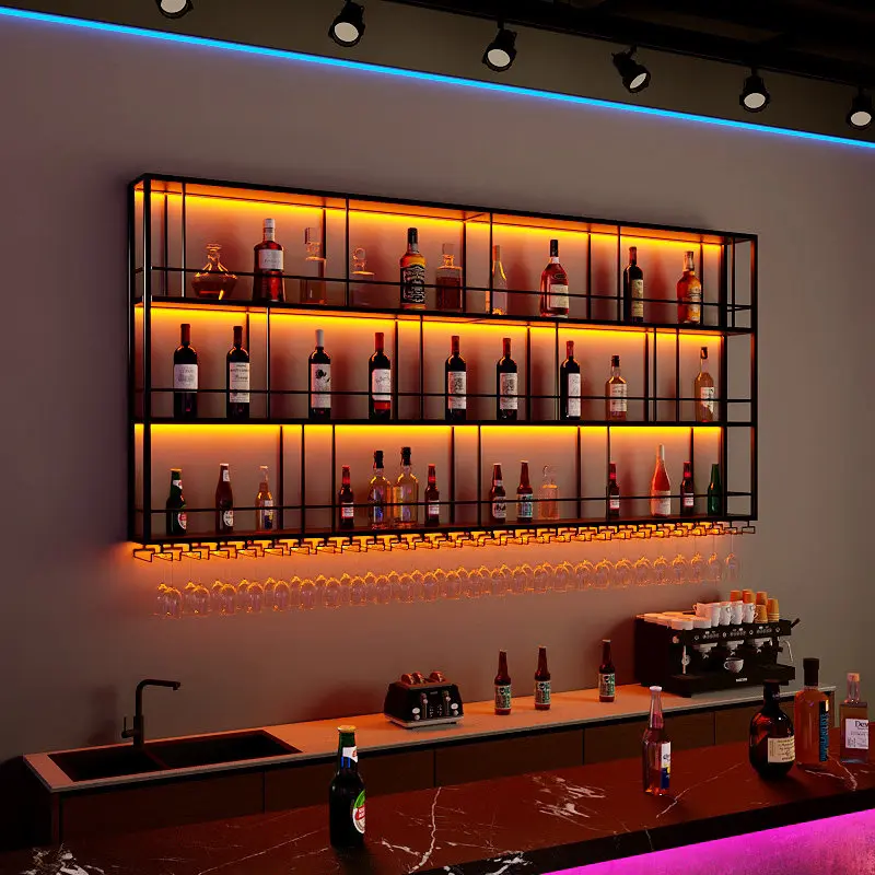 Bar wine rack Bar wall-mounted wine cabinet Wrought iron luminous display stand Restaurant wall custom wine rack