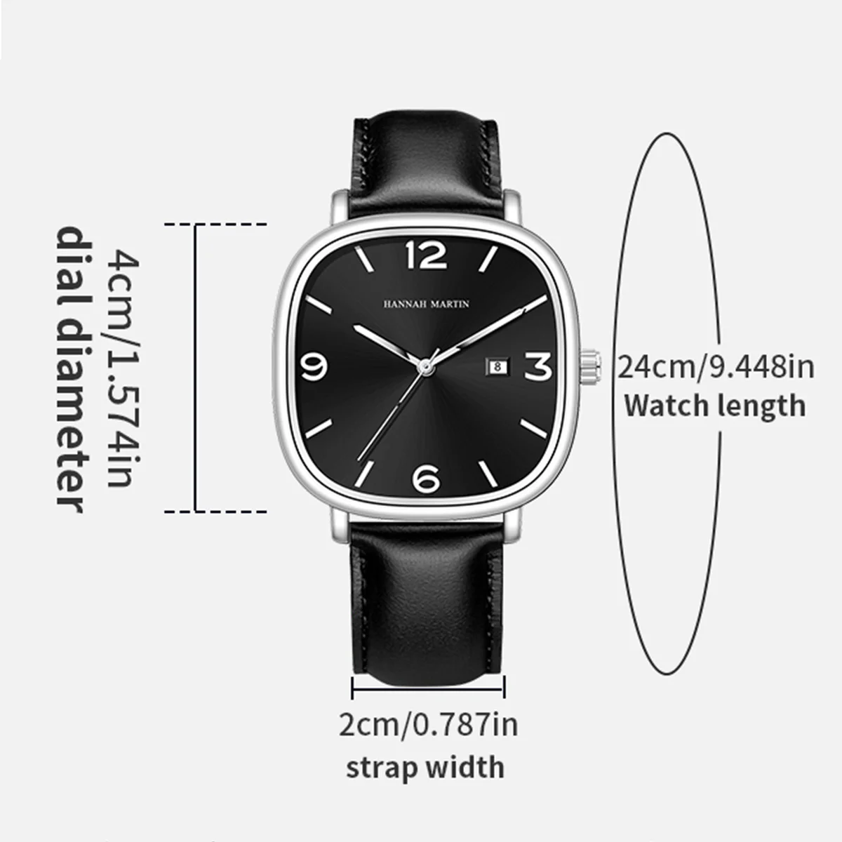 Hannah Martin Top Brand Black Leather Watch Original Quartz Movement Casual Business Style Square Fashion Men\'s Gift Wrist Watch