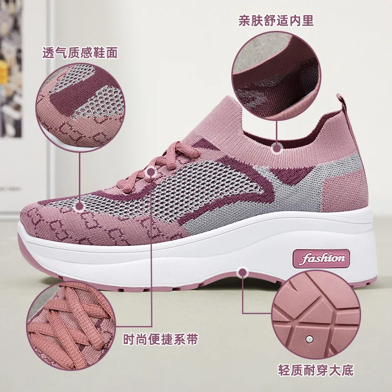 Women circular casual breathable anti slip clothing, elastic sports shoes, black woman lazy increase outdoor sports casual shoes