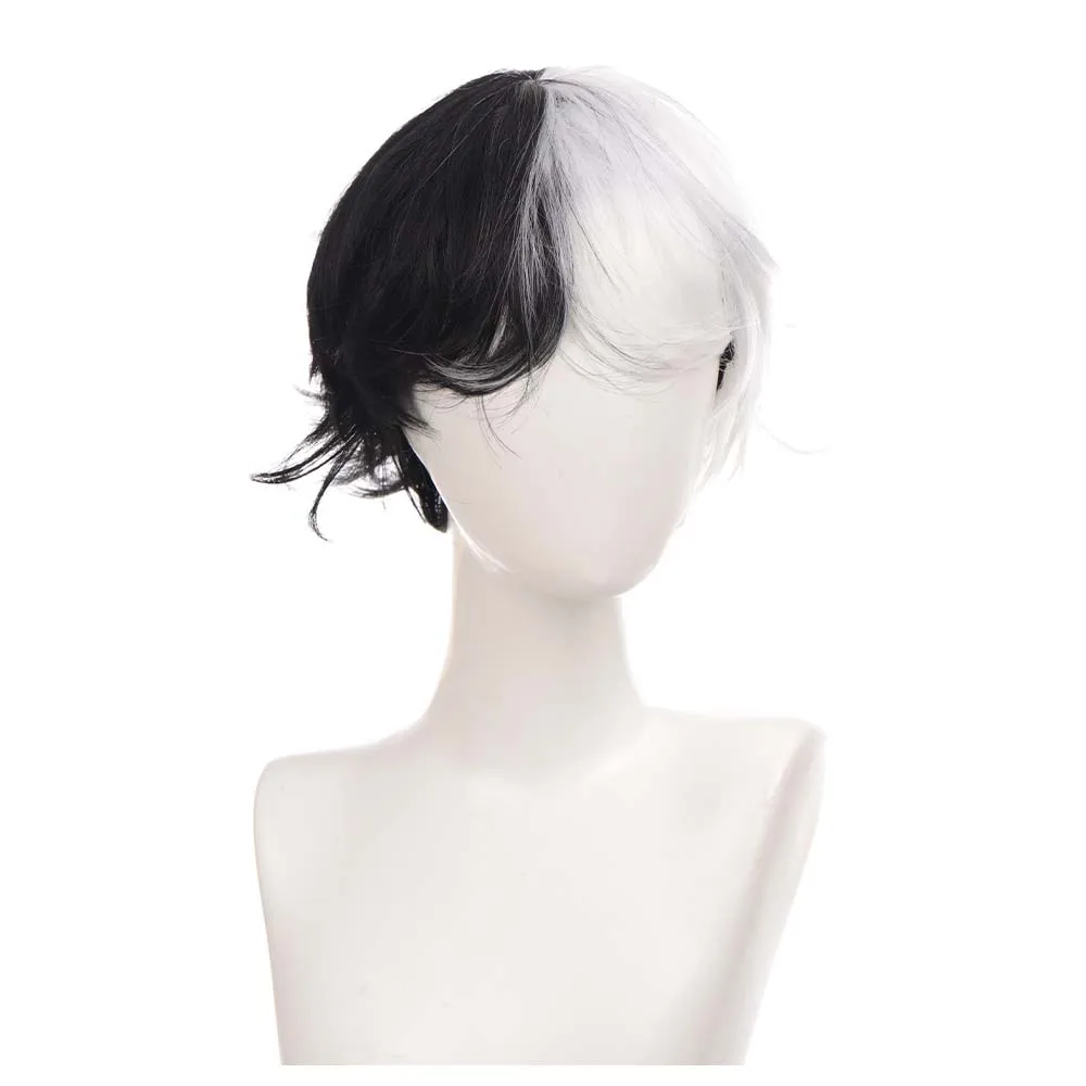 Perruque Synthétique Courte Noire et Blanche pour Homme, Fendue avec THES, pour Costume de Garçon, Anime, Cosplay, Légère Bouclée, Cheveux Naturels