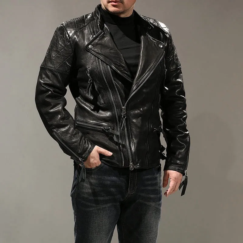 Ready-to-wear washed undyed vegetable-tanned leather men's double zipper motorcycle matte