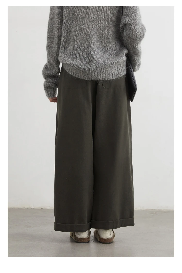 CHIC VEN Frauen Hosen Hohe Taille Lose Feste Breite Bein Casual Weibliche Hose Elastische Taille Falten Hosen Herbst Winter 2025 – Detail 10
