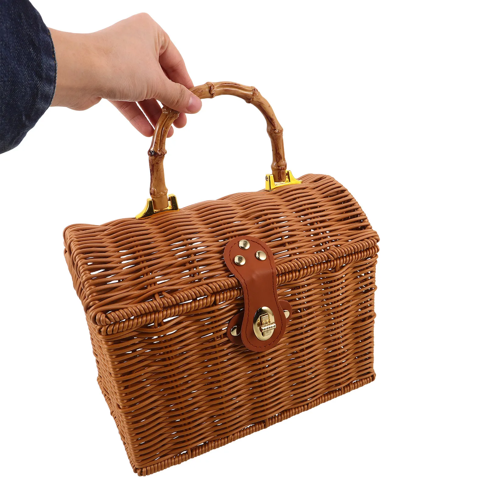 

Retro Mahjong Box Imitation Rattan Woven Storage Basket Lock Lid Portable Game Organizer Travel Camping Decorative Mini
