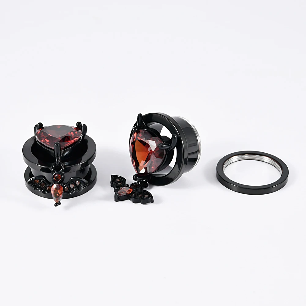 1PC Stainless Steel Round Ear Expanders Gauges Red  Zircon Demon Bat Ear Plugs Tunnels Body Piercing Jewelry 8-16mm