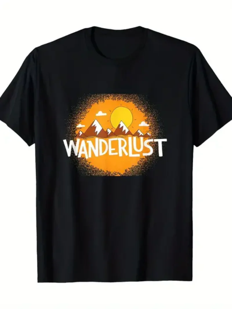 

Мужская футболка с рисунком Wanderlust Mountain Landscape — 100% хлопок, 180 г/м2, повседневная футболка с короткими рукавами и ярким оранжево-желтым Gra