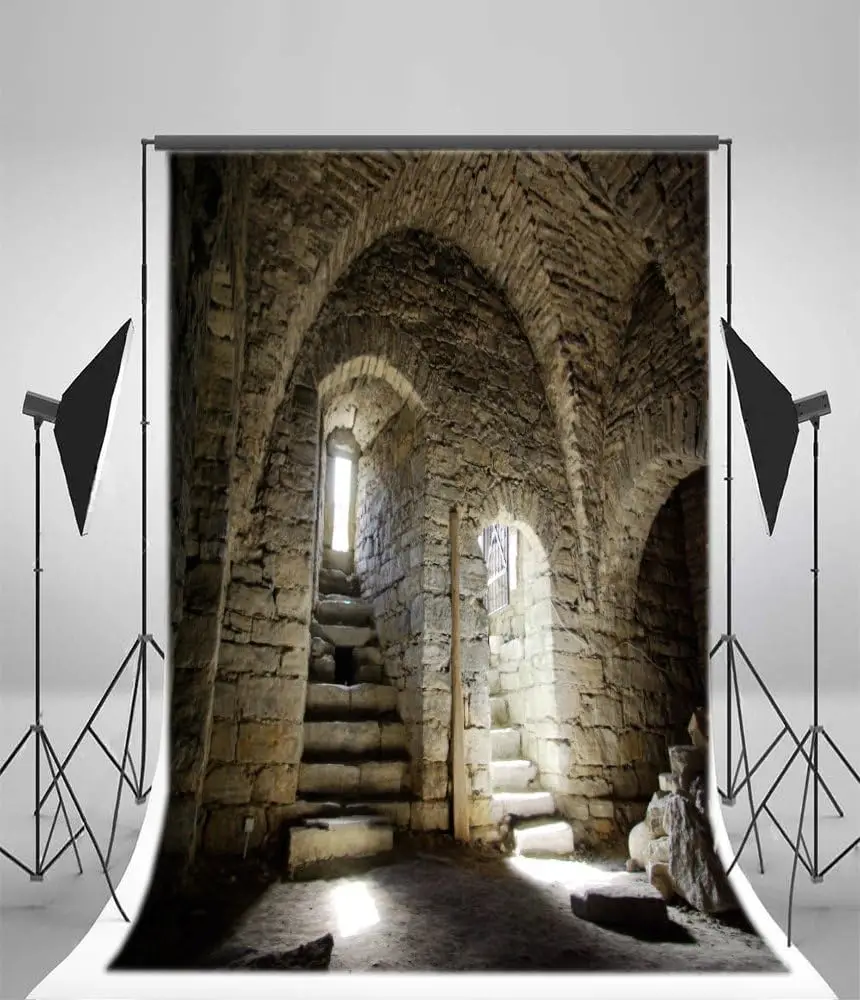 

Medieval Magic Castle Photography Backdrop Halloween Party Ancient Building Background Old Brick Wall Arch Stone Stairway Poster