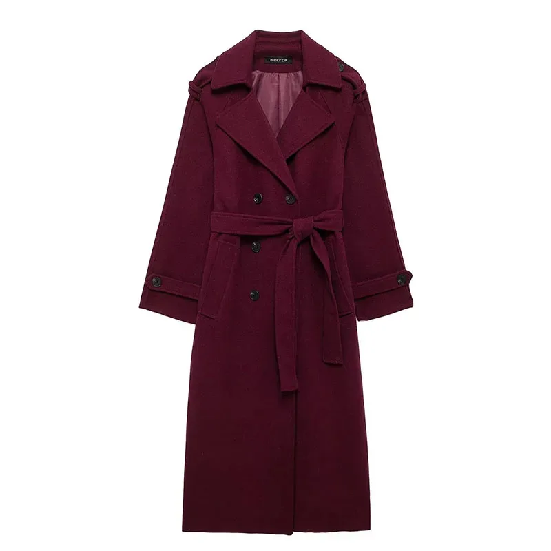 TRAFZA 여성 가을 ​​우아한 특대 부르고뉴 윈드 브레이커 긴 소매 옷깃 더블 브레스트 벨트 통근 겉옷 코트