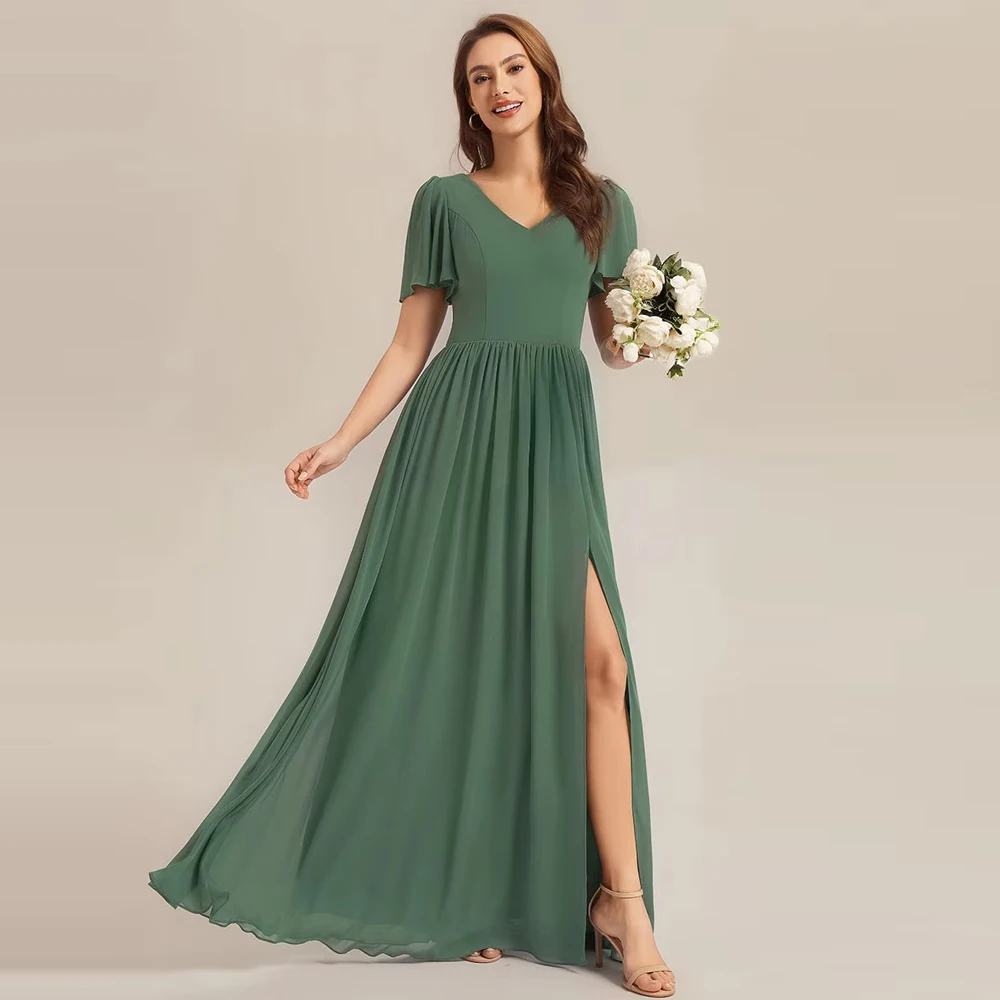 

BAZIIINGAAA Party Dress Short Sleeve V-Neck Backless A-Line Floor Length Bridesmaid Dresses Evening Dresses
