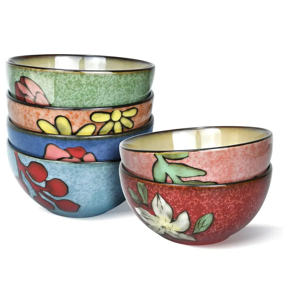Cereal Bowls Set of 6, Floral Design 6 inch 28oz for Cereal, Salad, Soup, Dessert, or Snacks, Microwave, Dishwasher Safe