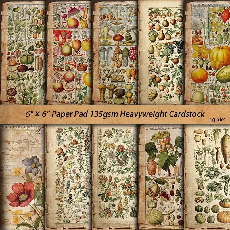 10Pcs Vintage Plant Flowers Fruit Scrapbooking DIY Diary Material Papers Junk Journal Collage Background Card Making Craft Paper