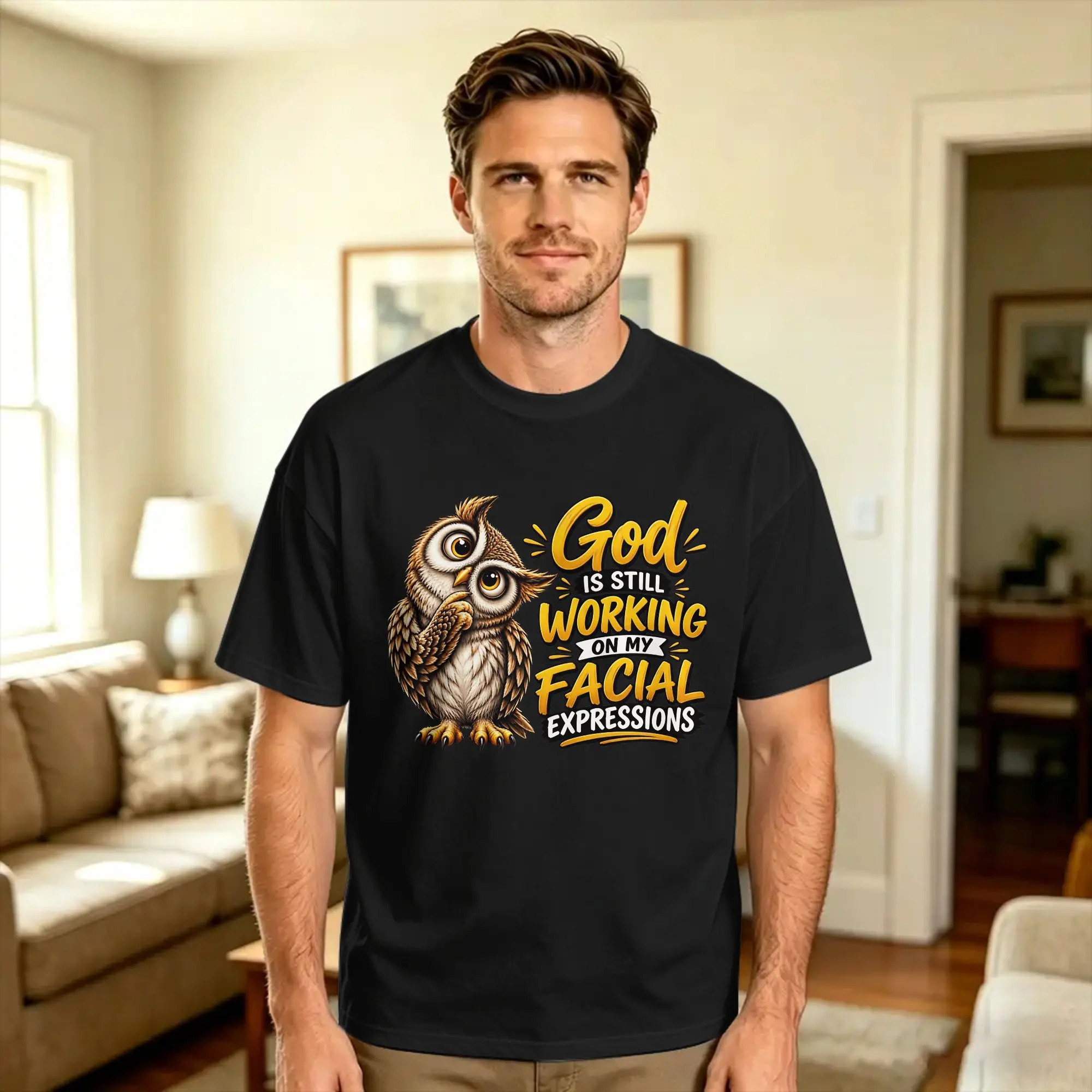 Couple T-Shirt God Is Still Working On My Facial Expressions Funny Owl T-Shirts Harajuku  Summer Tee Shirt 100 Cotton Clothes