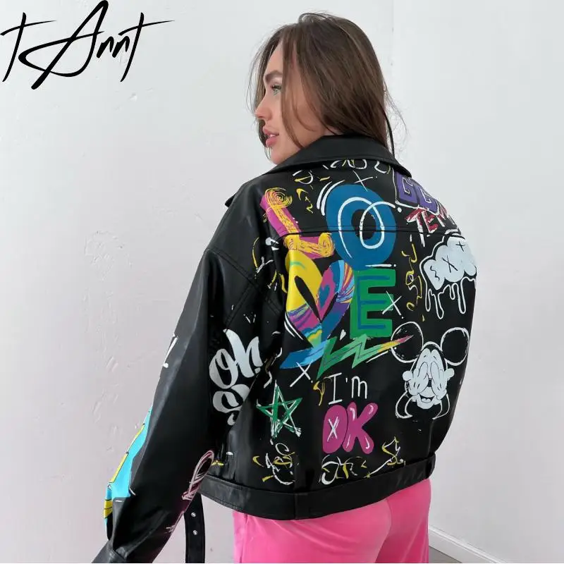 GetSpring Women Leather Coat 2024 Autumn Fashion Graffiti Printed Belt Zipper Long Sleeve PU Jacket All Match Female Leather Top