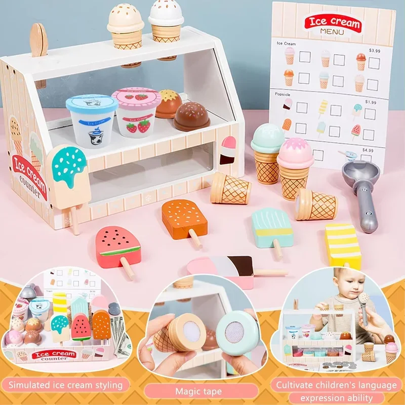 مجموعة لعب عداد الآيس كريم من مونتيسوري للأطفال، ملحقات المطبخ للطعام التظاهري، ألعاب تعليمية للعملات المعدنية للفتيات والأولاد والأطفال