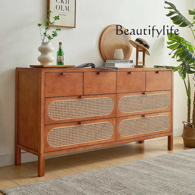 Living room solid wood chest, Nordic medieval rattan entrance drawer cabinet