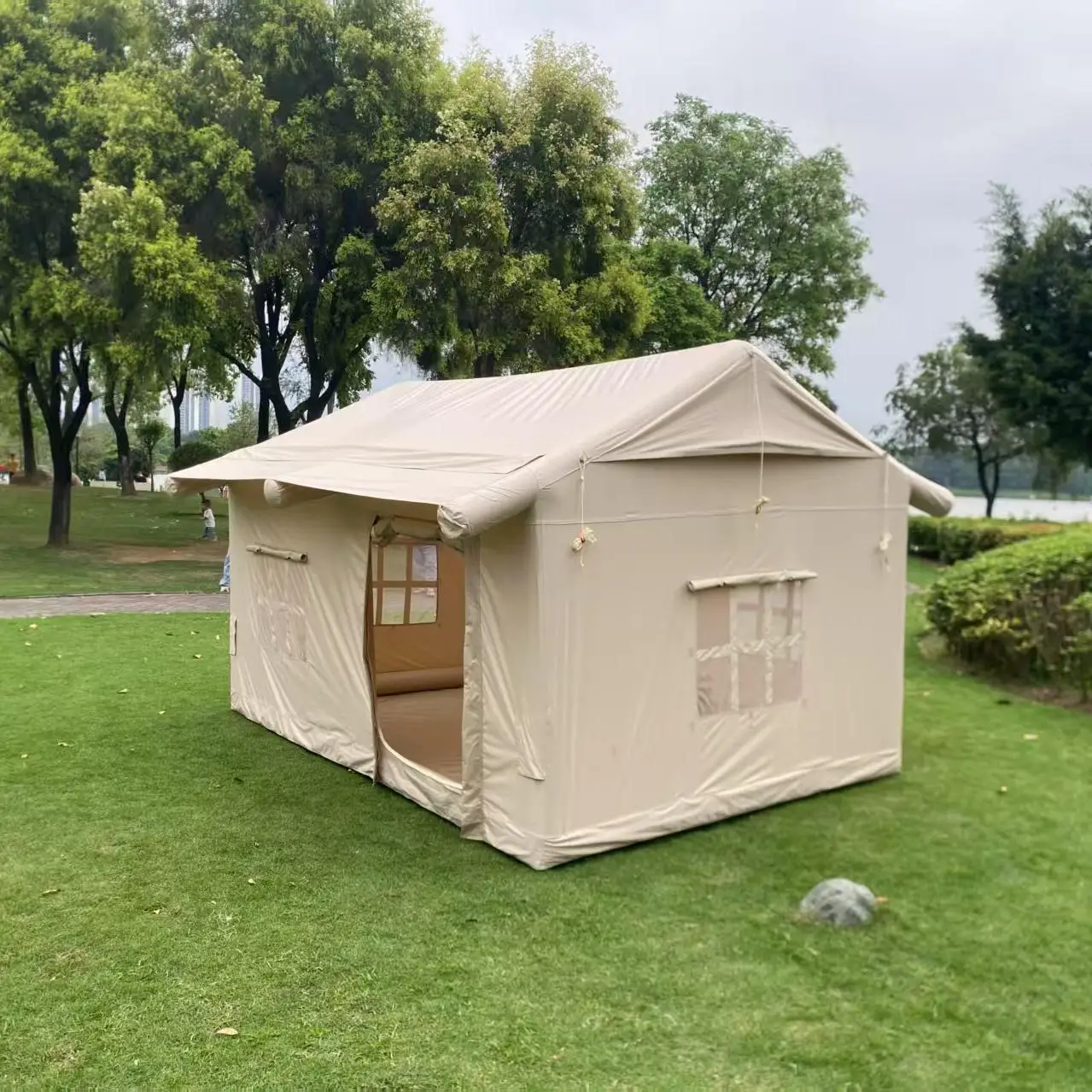 All-weather beige single bedroom cabin canopy tent combination | Windproof cotton canvas mixed frame | 3000ml waterproof