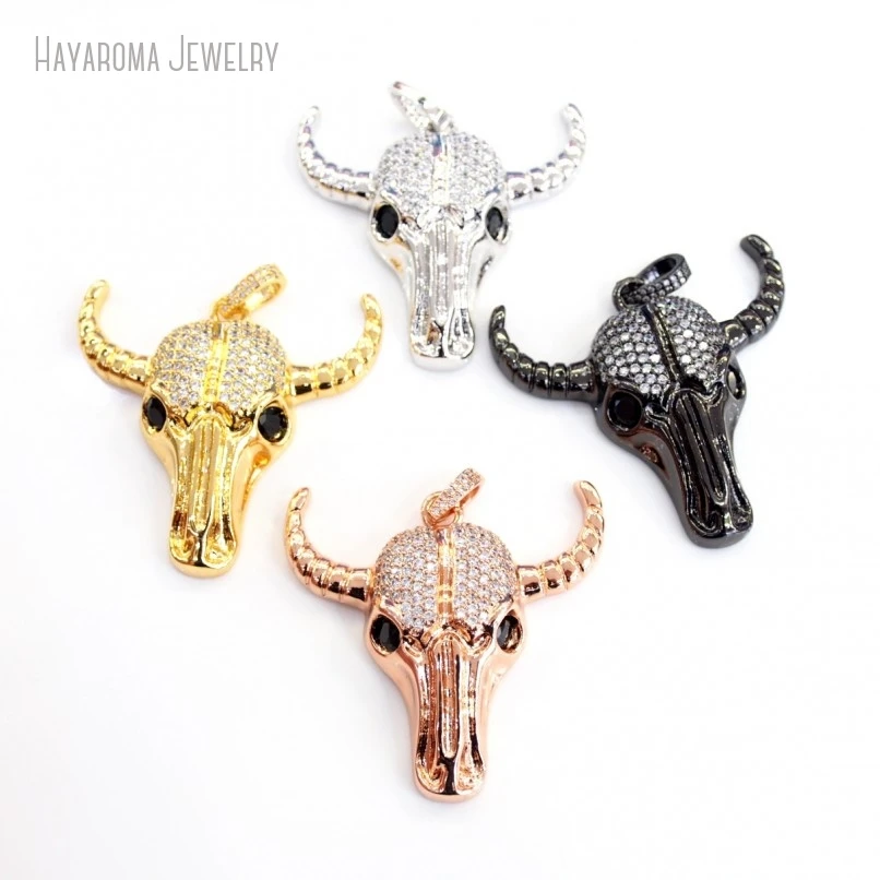 10Pcs Wholesale Copper Animal Animals Ox Head Metal Clear Cubic Zirconia Black Invisible Setting Pendant PM17875