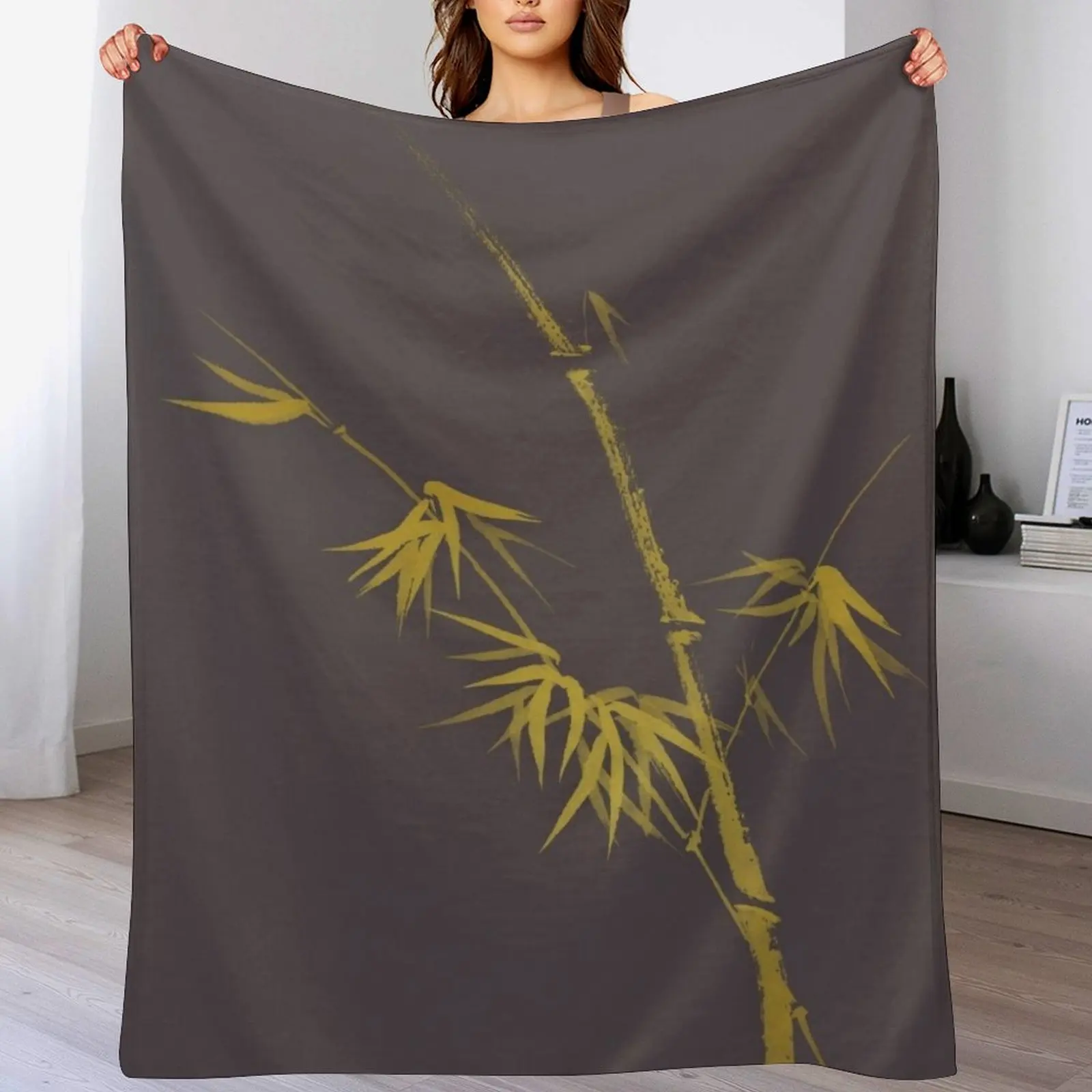 Exquisite artistic design in oriental Japanese Zen style of a golden bamboo stalk on earthy gray art print Throw Blanket