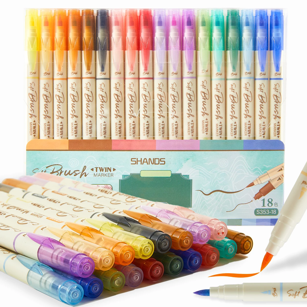 

18-piece box of coloring pens, double-ended design (soft tip + fine tip), vibrant colors to meet all your coloring needs. Suitab