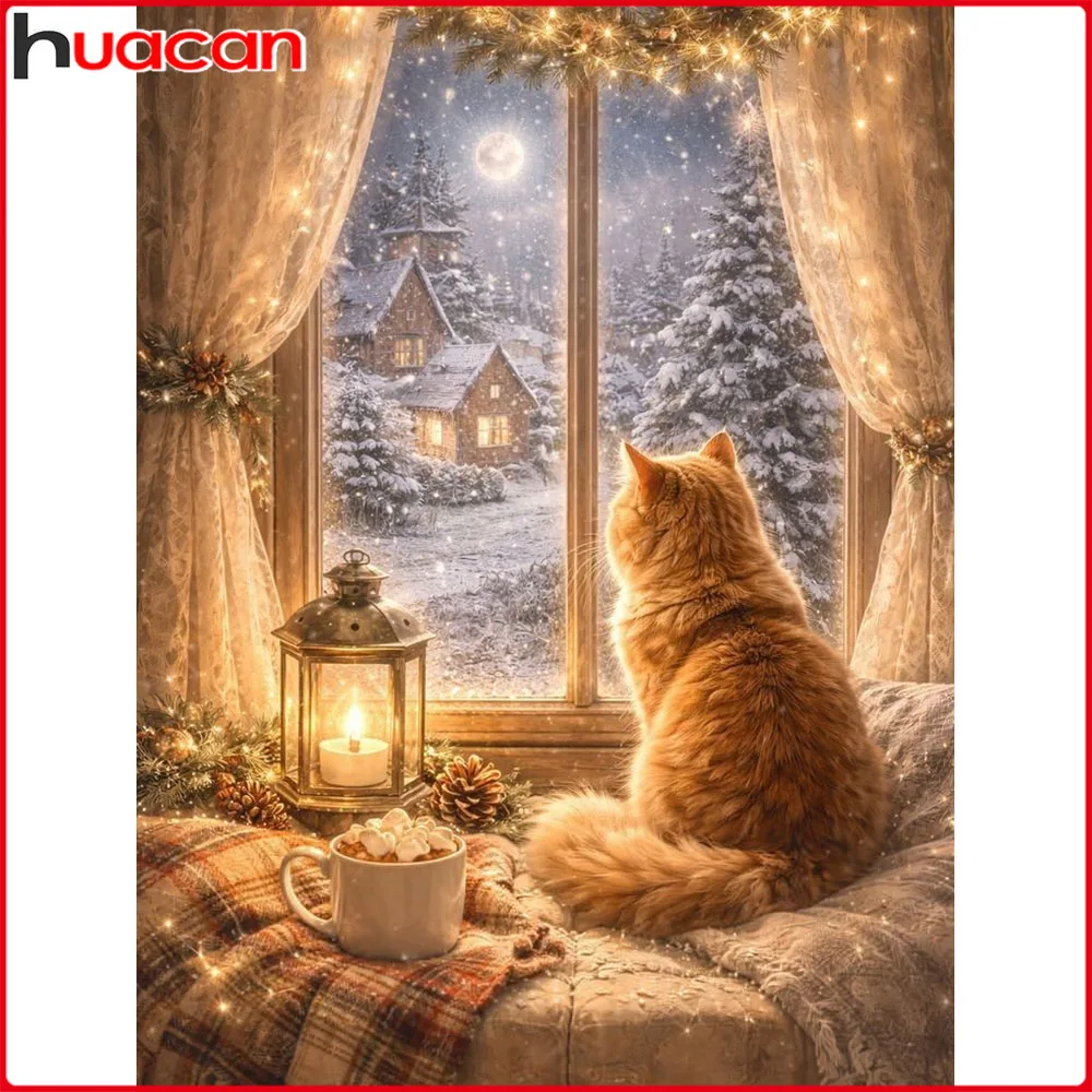 Huacan 5D DIY Diamantmalerei Winter-Katze Diamant-Mosaik Tier-Landschaft Komplettes Set Heimdekoration