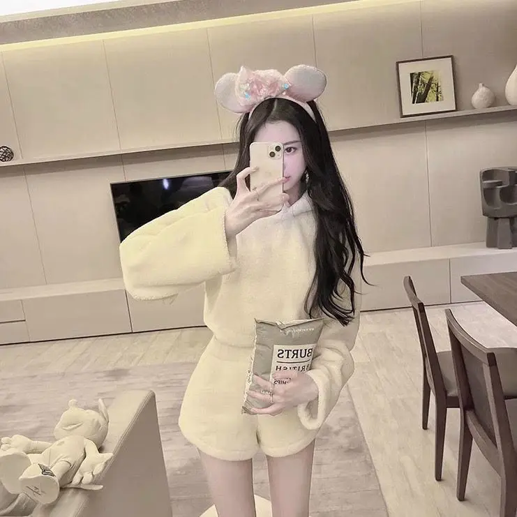 Pajama Sets Women Kawaii Sleepwear Hooded Tender Cozy Loose Fashion Japanese Style Simple Girlish Soft Aesthetic Home Students