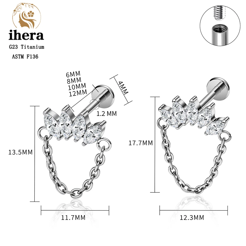 ASTM F136 Titanium Ear Cartilage Earrings Internal Thread 16G Hidden Helix Stud CZ Drape Chain Flat Back Tragus Piercing Jewelry