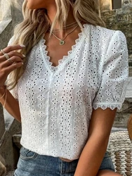 Summer Hollow Lace Blouse Women Elegant Vintage Shirts Puff Sleeve Tops Pullover White Women Fashion V-neck Solid Shirt 21385