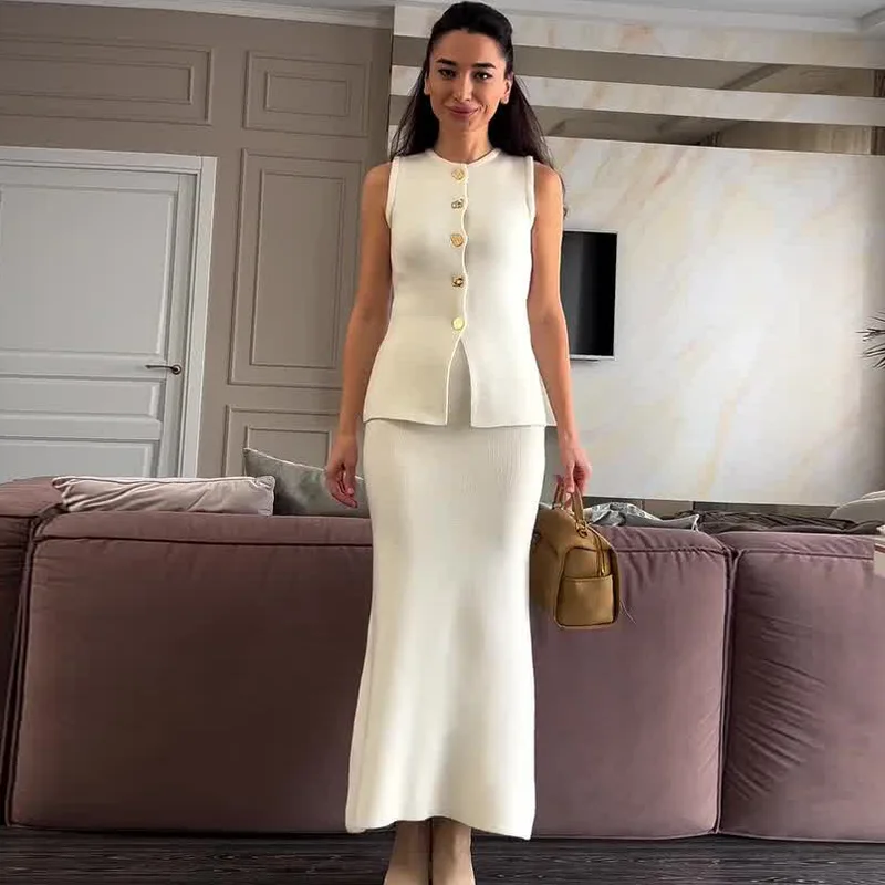 SKMY 2026 Summer New Women's Two Piece Outfits Fashion Slimming Sleeveless Tops Vest Solid Color Slimming Bag Hip Skirt Sets