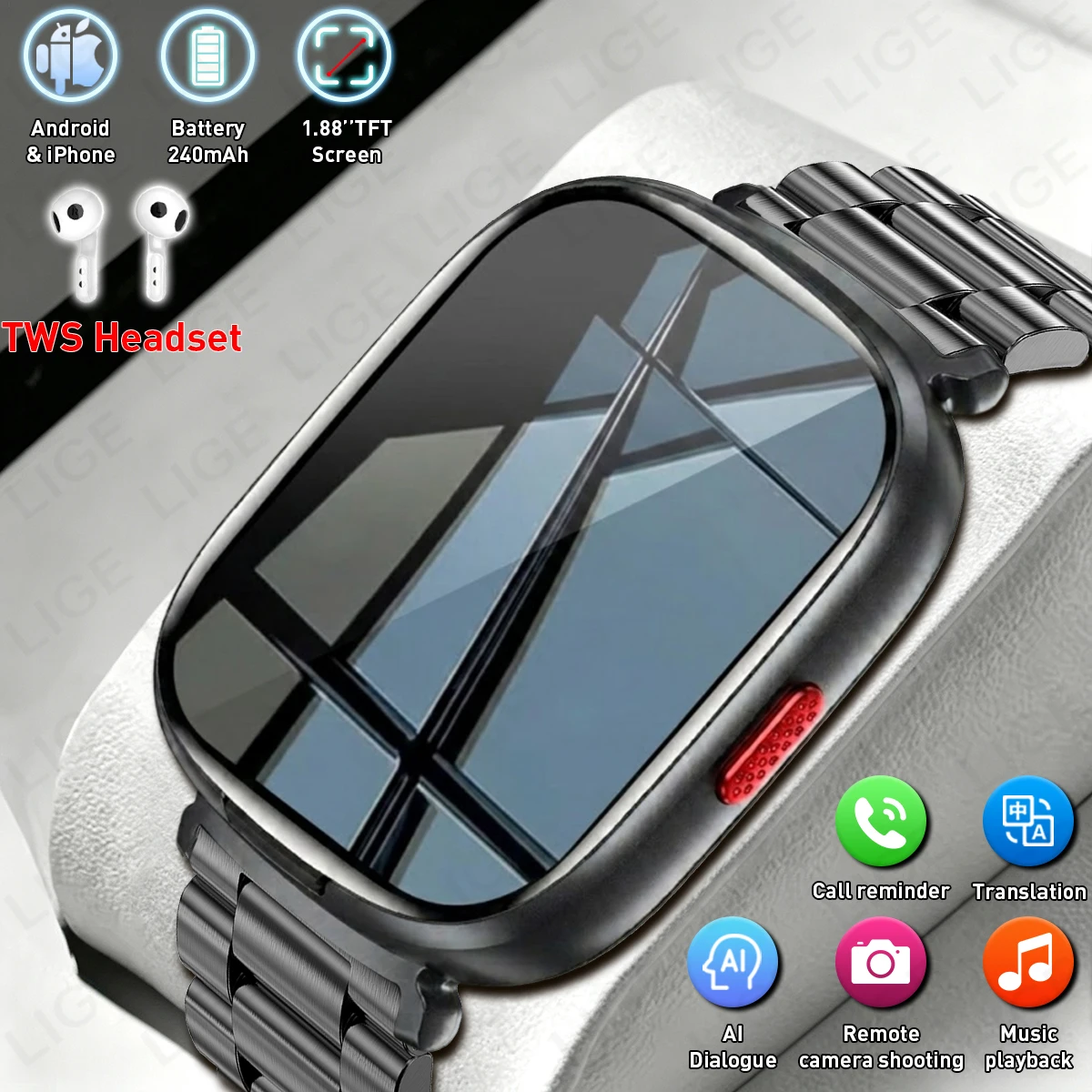 Smartwatch Headset - LIGE TWSイヤホン スマートウォッチ 1.88インチ ヘッドセット 2-in-1