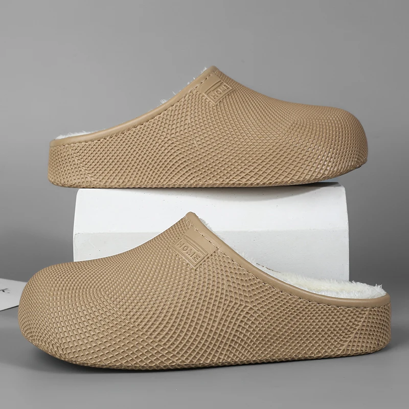 Men's slippers, beach sandals with fleece lining, warm thick-soled half-slippers for winter home use, indoor non-slip soft soles