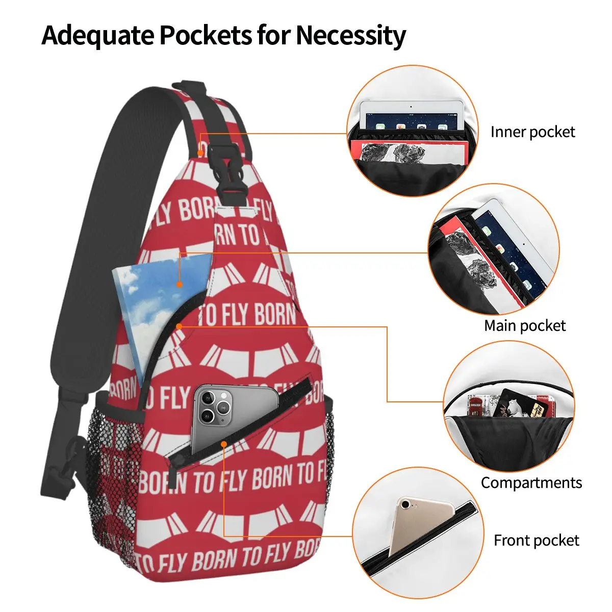 Born To Fly Flight Pilot Flying Aviation Aviator Chest Bag Men Sling Crossbody Backpack Chest Bag Hiking Daypack Shoulder Bag view 3