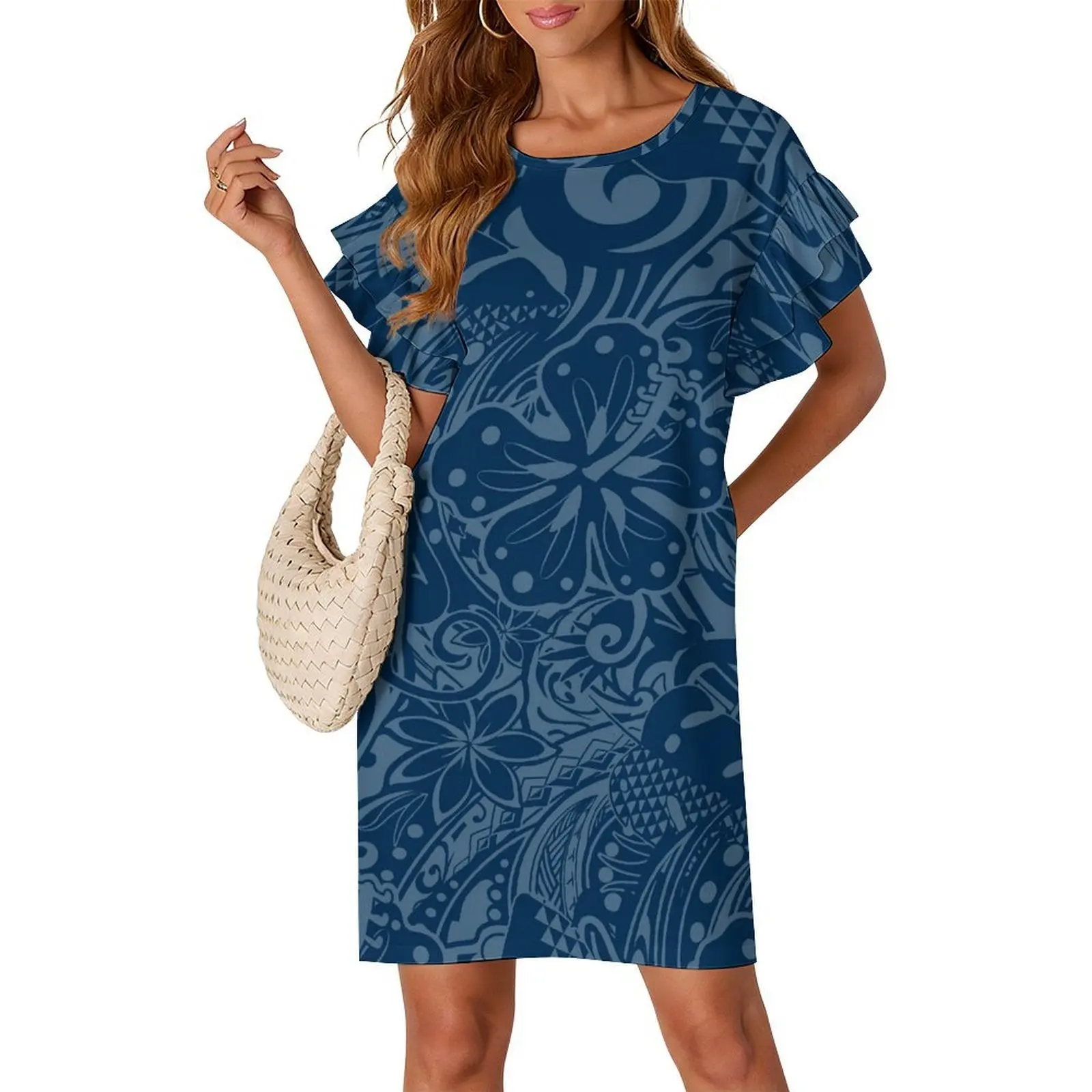 Summer Custom-Pattern Polynesian Wholesale Soft Fabric Double-Layer Ruffled Sleeve Loose-Fitting Casual Women'S Dress