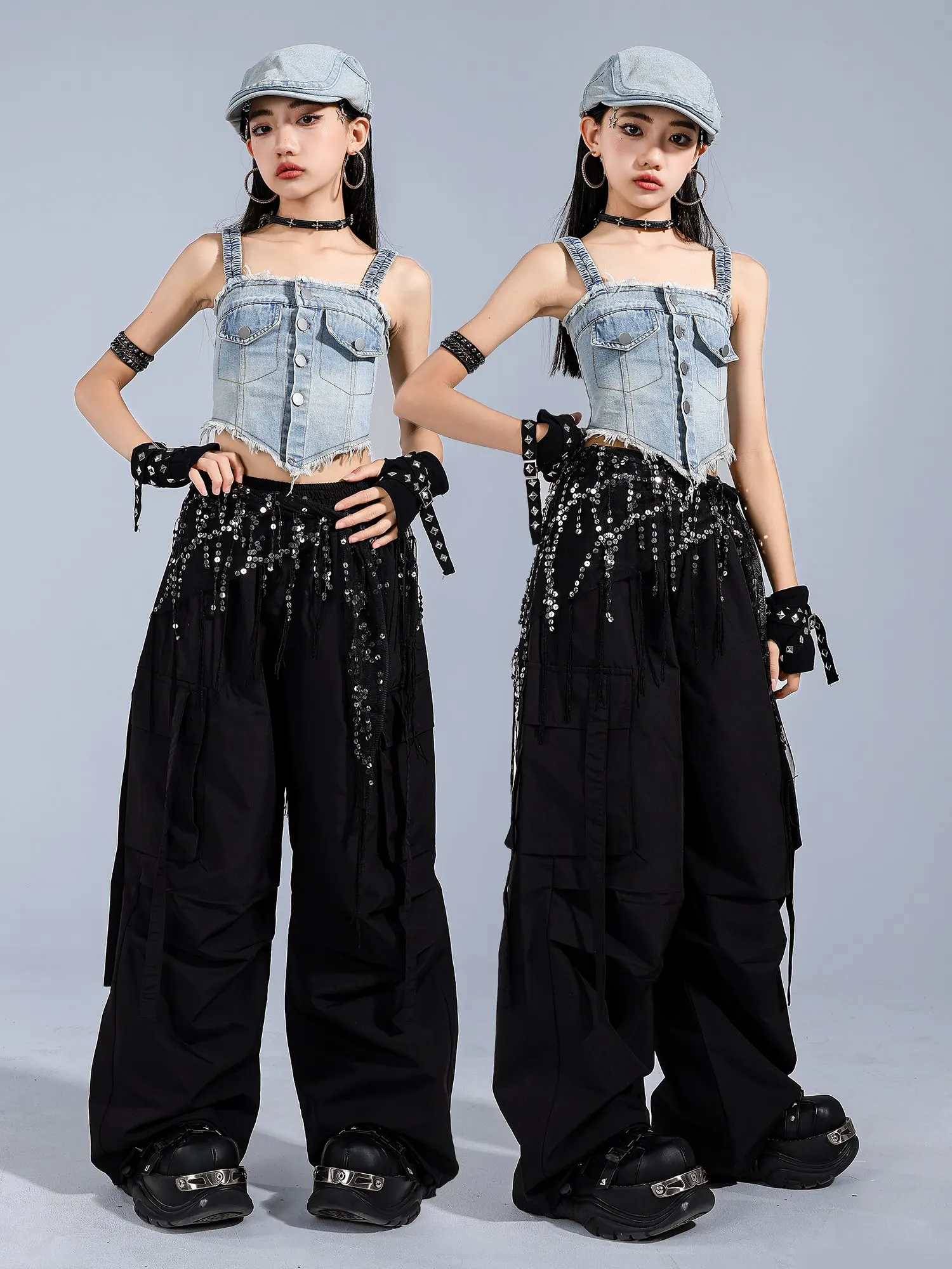 Summer Jazz Dance Clothes Girls Denim Vest Black Hiphop Pants Street Dance Perofrmance Outfits Kids Group Stage Clothing BL16695