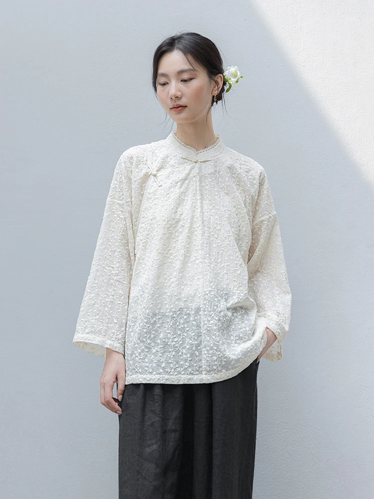 

New Le Collection 00% Cotton Embroidered Light Summer Long Sve Top in Beige Color Breathable And Skin-friendly Women's ...