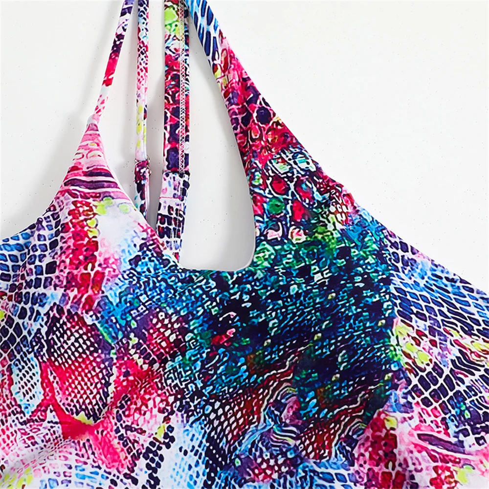 Multicolor Printed Bikini Single-shoulder Vacation Swimsuit Women One-piece Graffiti Y2K Hollow Drawstring Swimwear Beach Outfit