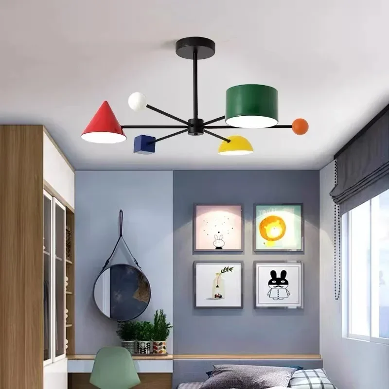 Nordic Multiple Heads Macaron Geometric Chandelier For Kindergarten Children'S Room Restaurant Study Illumination Ceiling Light