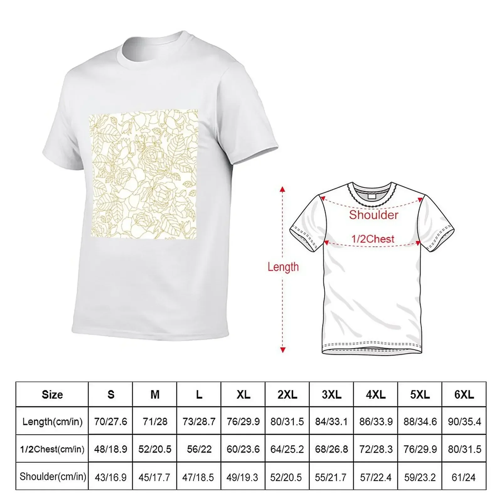 White and golden linear pattern with blooming summer roses and leaves. T-Shirt aesthetic clothes mens designer t shirt