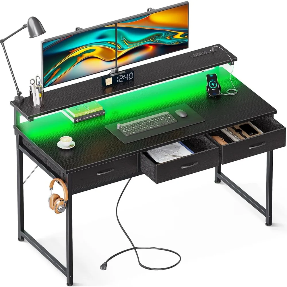 

Premium 54 Inch Computer Desk with 3 Drawers and USB Power Outlets, Home Office Desks with LED Lights and Adjustable Monitor Sta